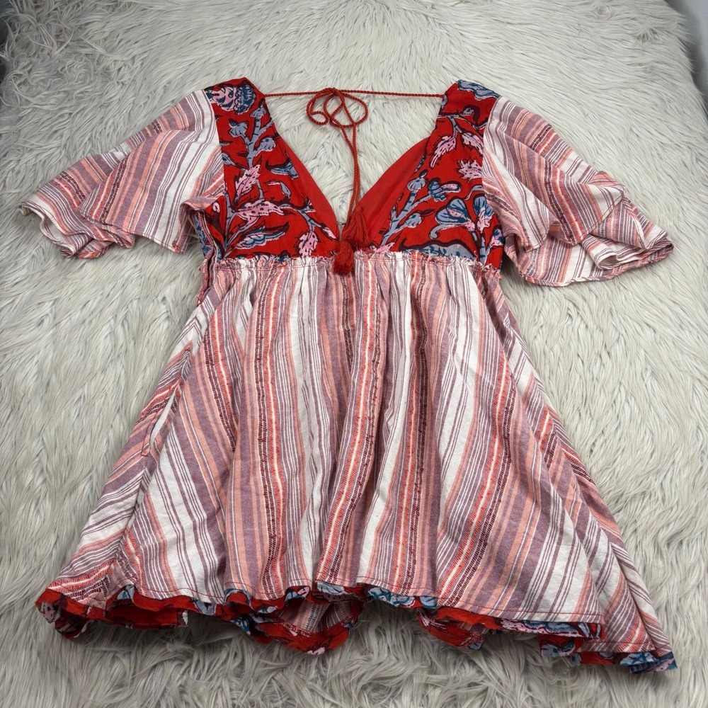 Free People Women's XS Red Under The Sun Tunic Empire Waist Deep V-Neckline Boho - Picture 7 of 11